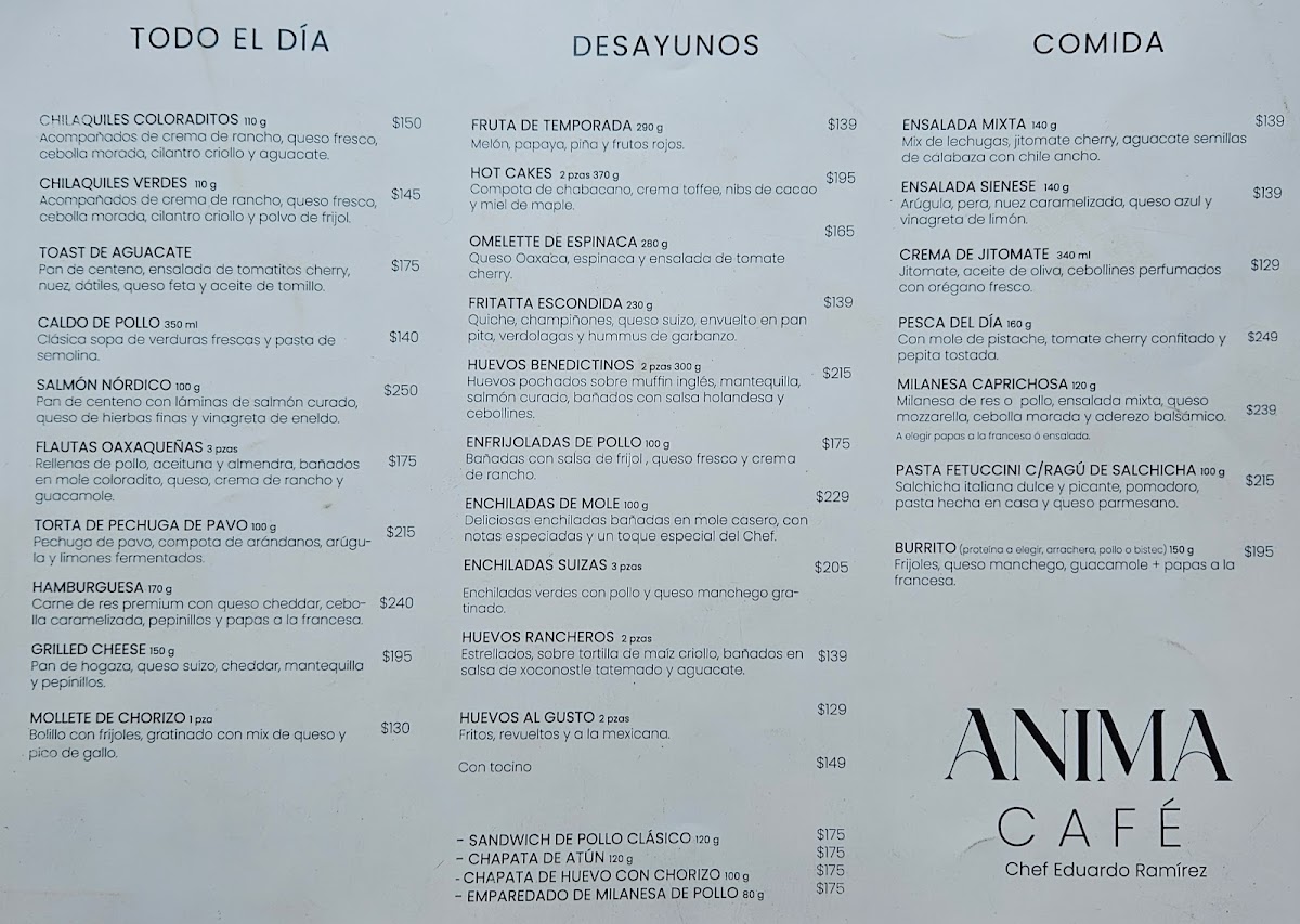 Anima Cafe Menu