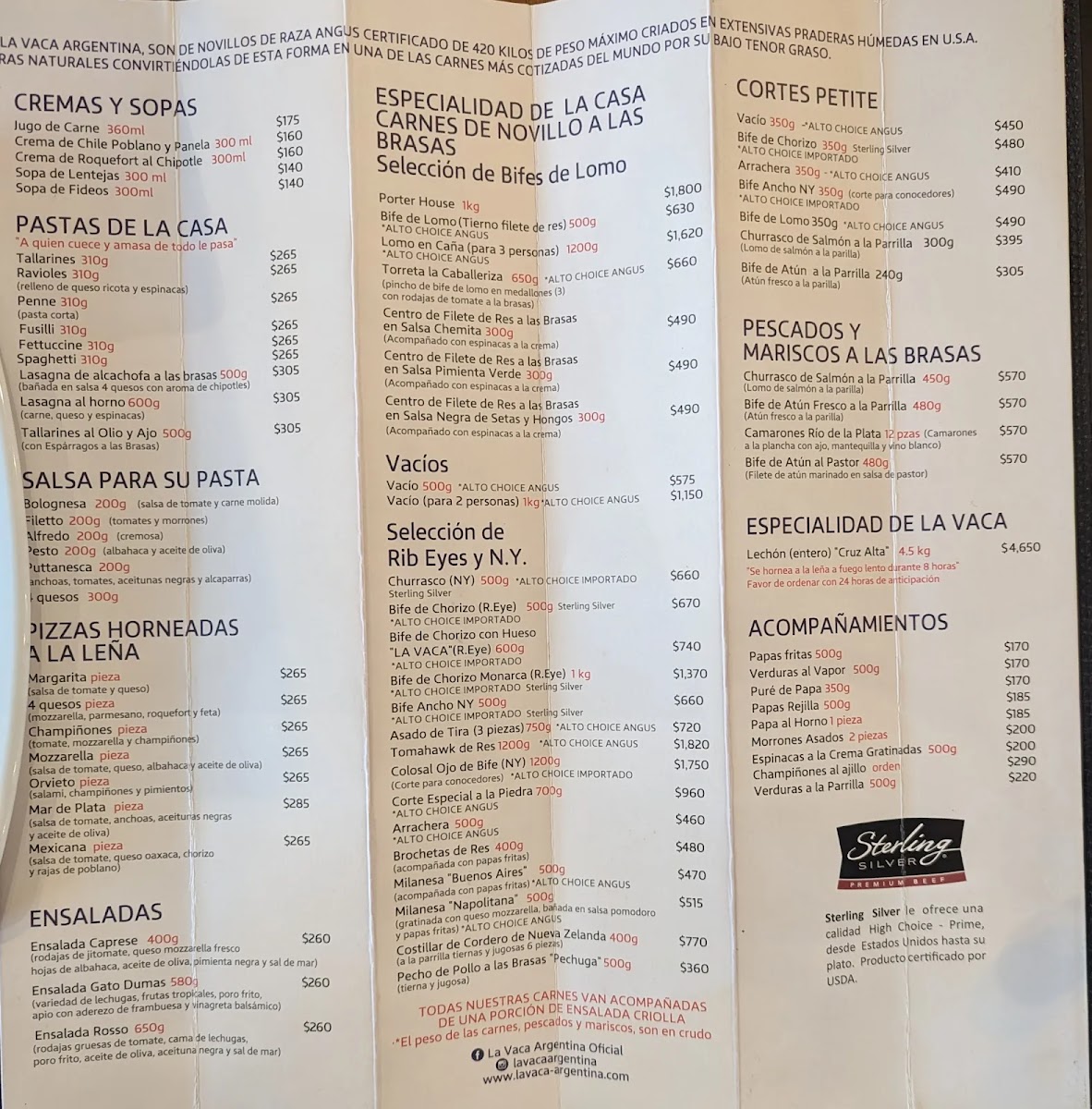Asador La Vaca Argentina Menu