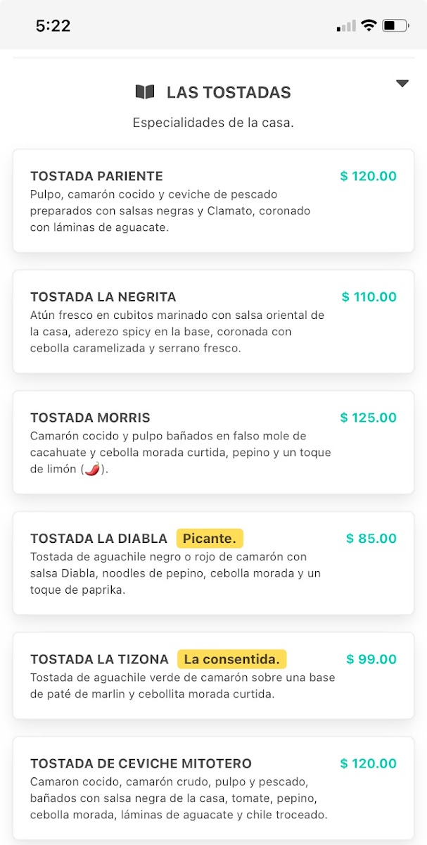 Avenida La Tizona Menu