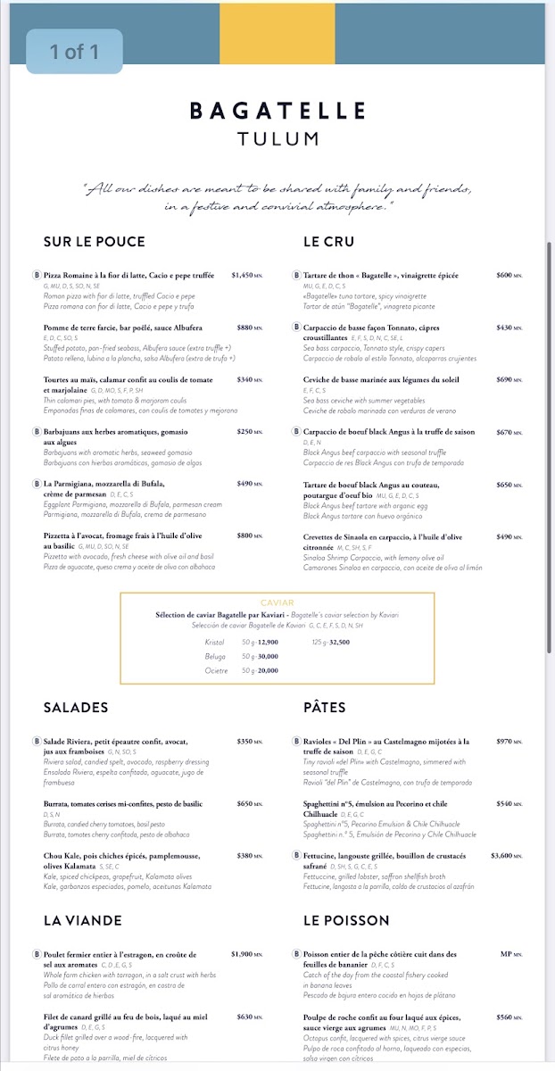 Bagatelle Tulum Menu