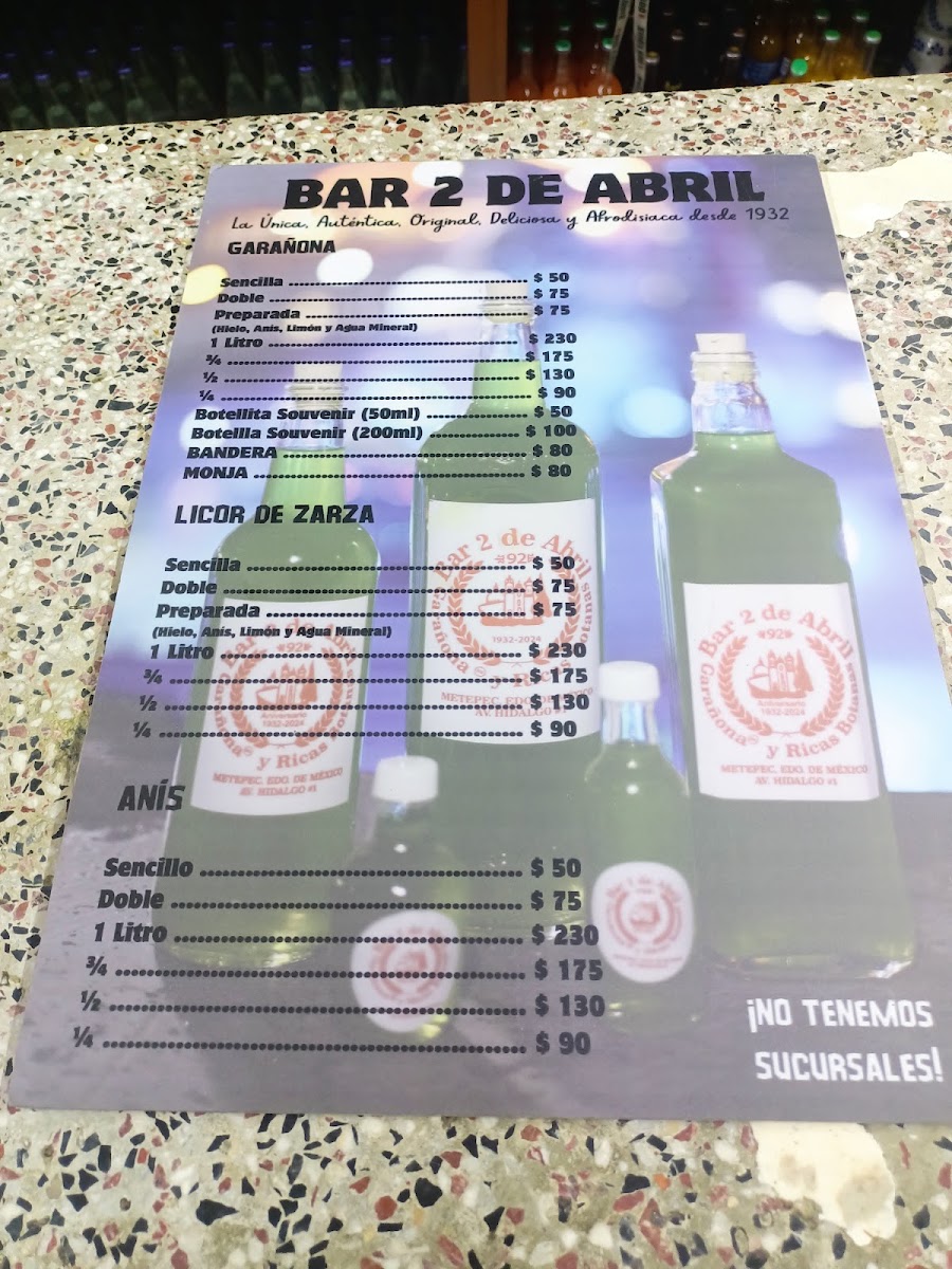 Bar 2 De Abril Menu