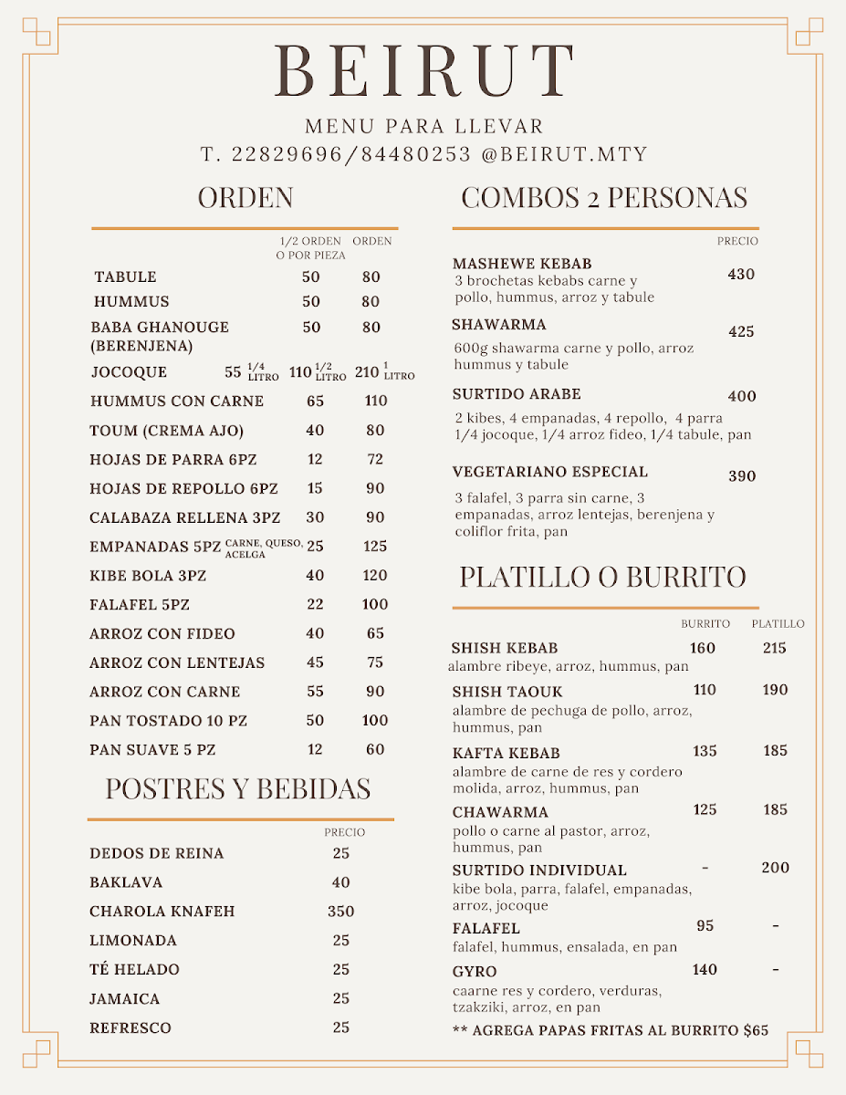 Beirut Restaurante Buffet De Comida Arabe Libanesa Y Shisha Menu