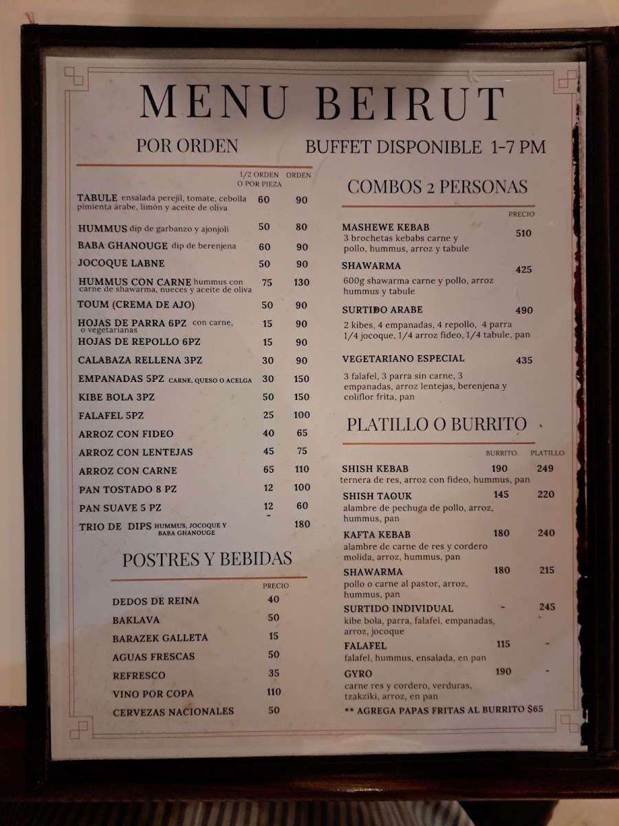 Beirut Restaurante Buffet De Comida Arabe Libanesa Y Shisha Menu Photo 2