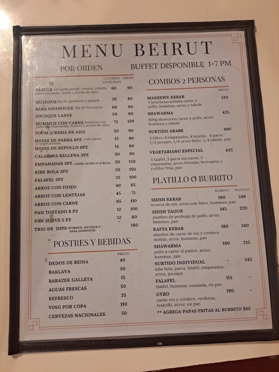Beirut Restaurante Buffet De Comida Arabe Libanesa Y Shisha Menu Photo 3
