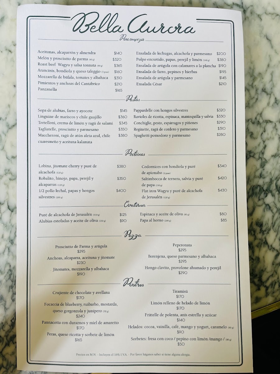 Bella Aurora Menu