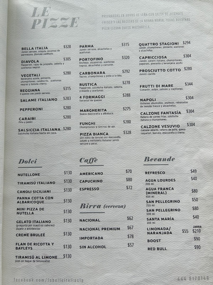 Bella Italia Menu