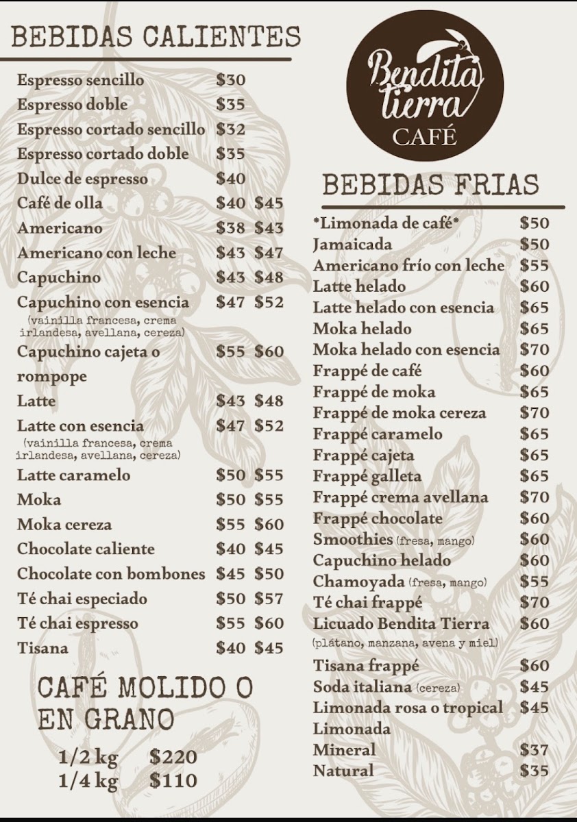 Bendita Tierra Cafe Menu
