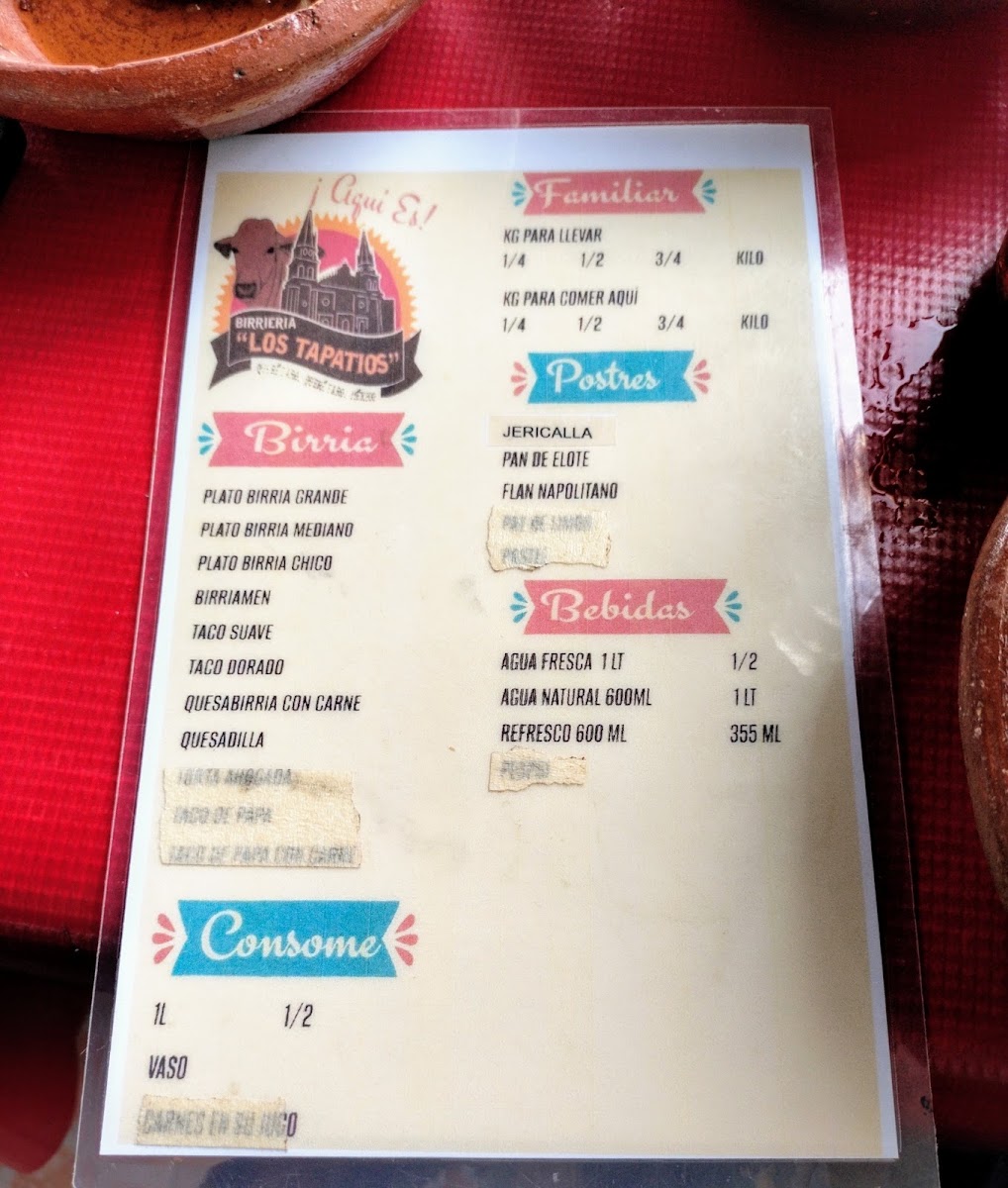 Birria Estilo Jalisco, Los Tapatios Menu