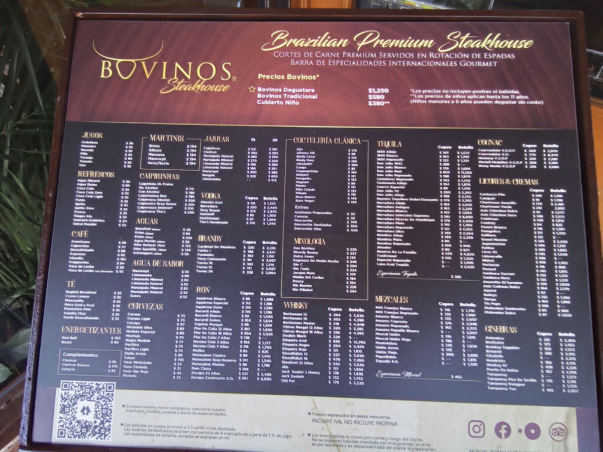 Bovinos Steakhouse & Seafood Cancun Menu