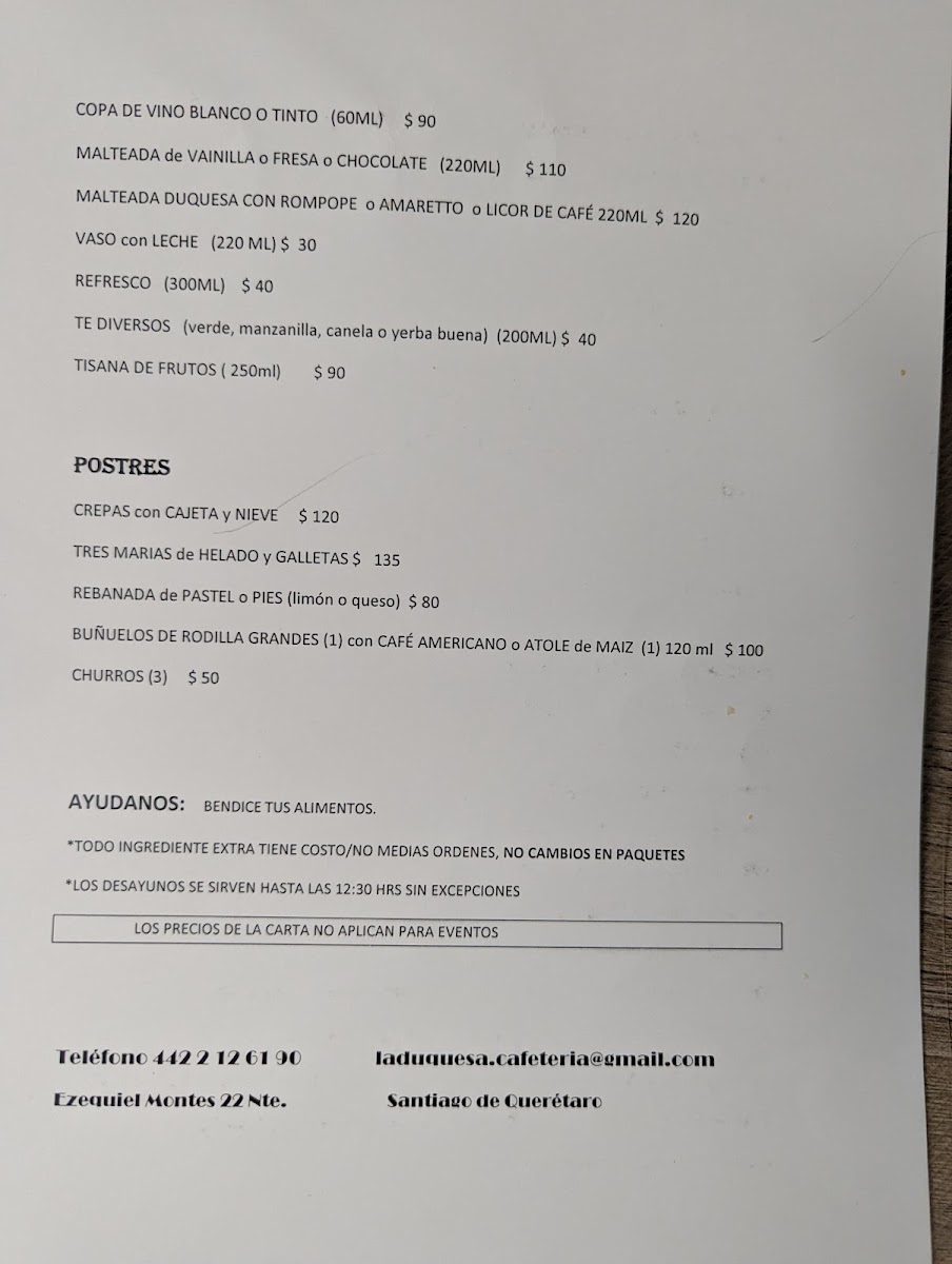 Cafeteria La Duquesa Menu