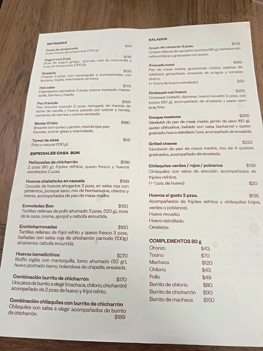 Casa Bon Menu