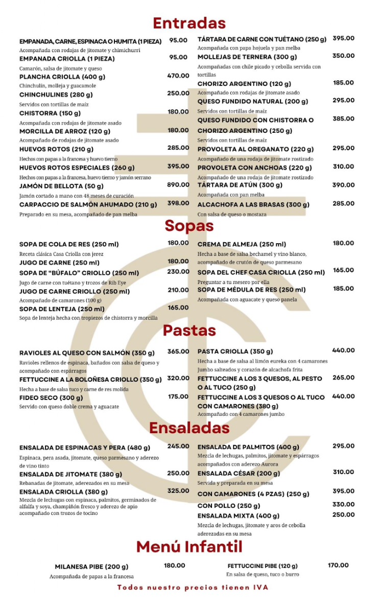 Casa Criolla Menu