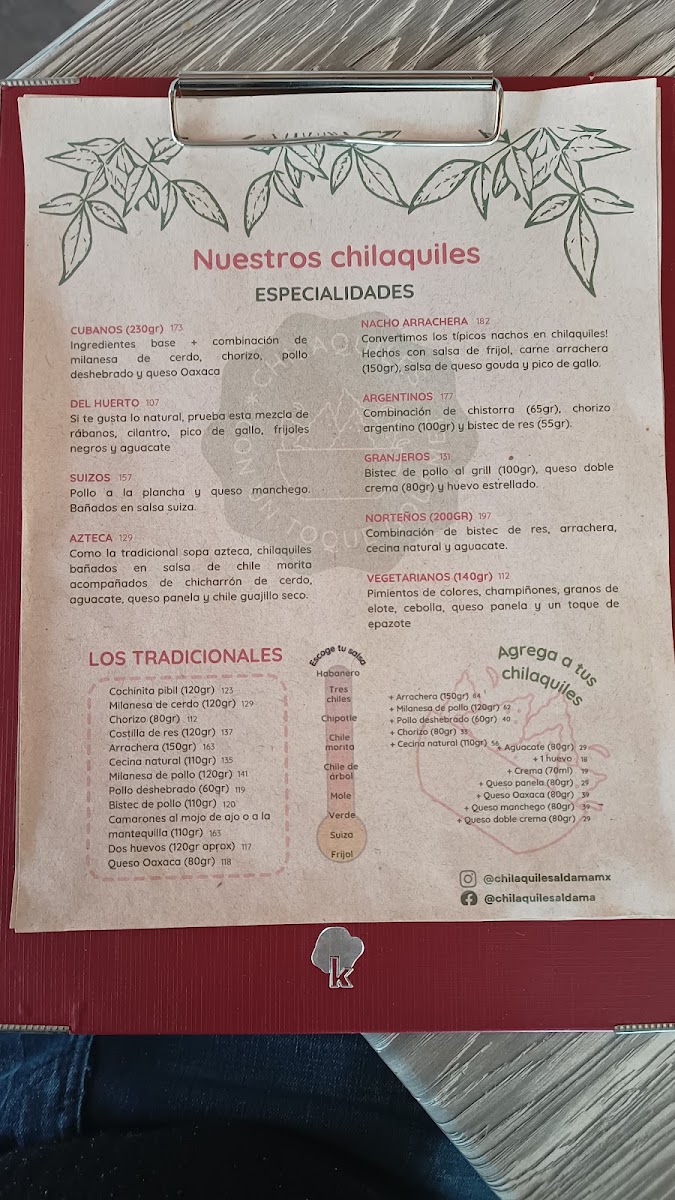 Chilaquiles Aldama San Isidro Menu
