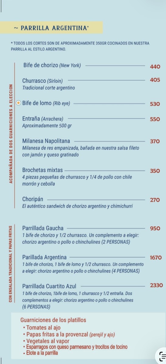 Cuartito Azul Menu