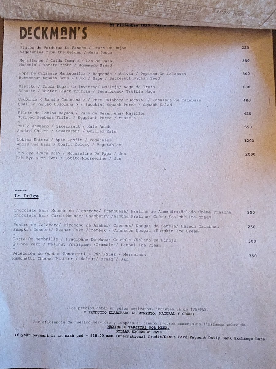 Deckman's Menu