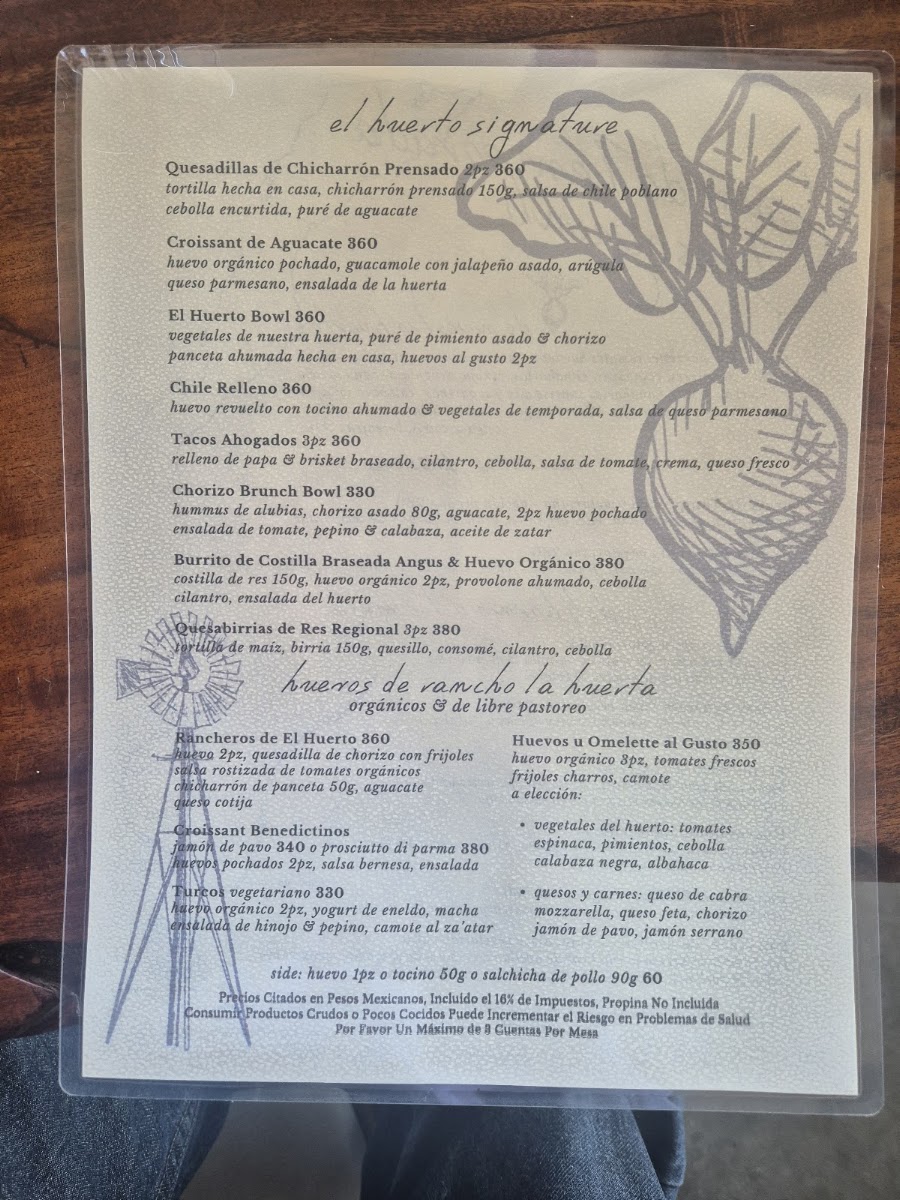 El Huerto Farm To Table Menu