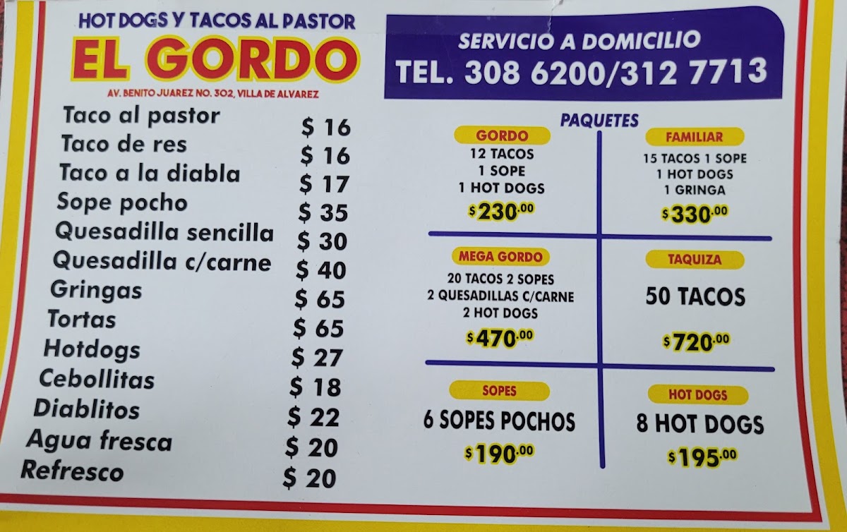 Hot Dogs Y Tacos Al Pastor El Gordo Menu