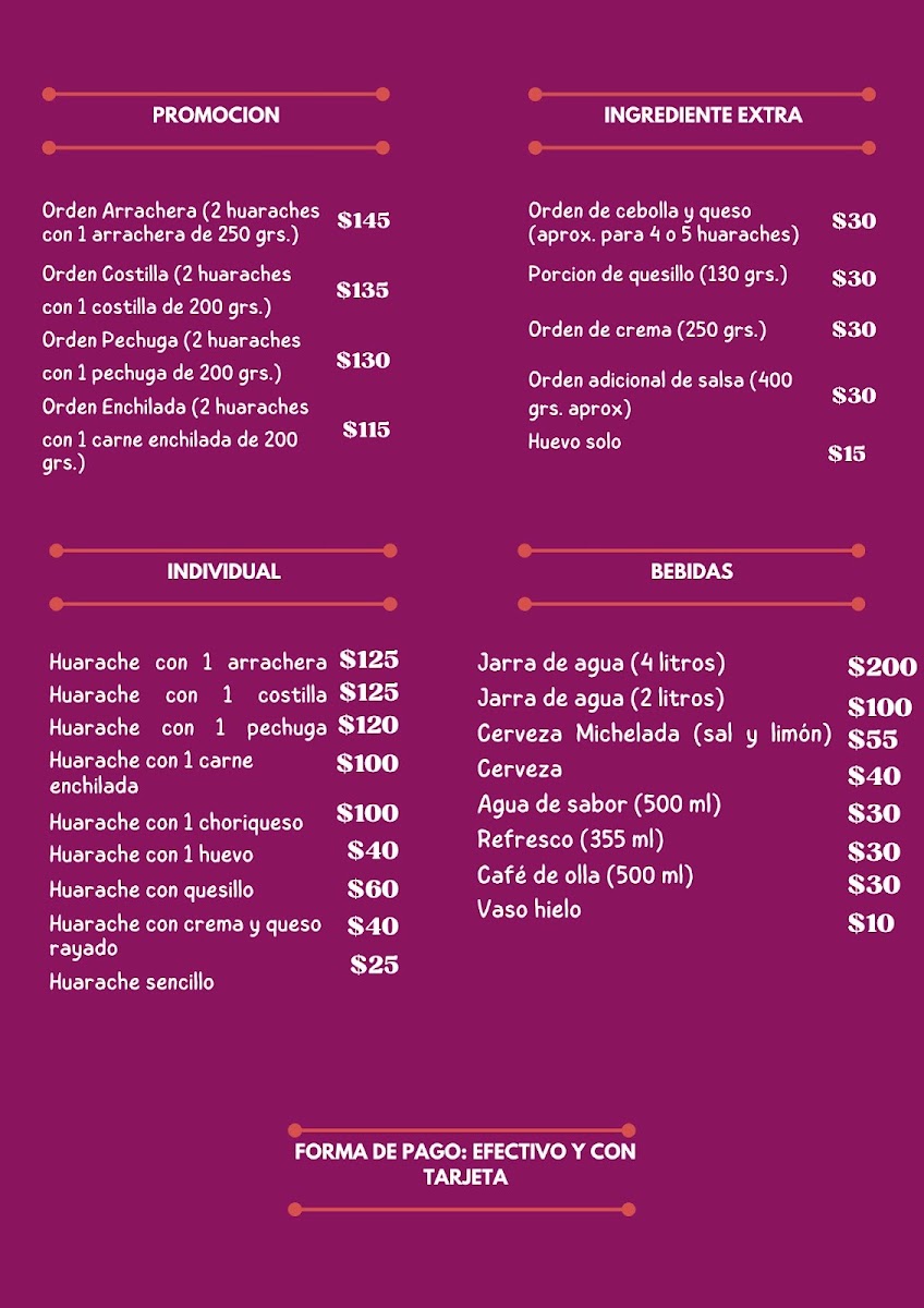 Huaraches La Chiquita Menu