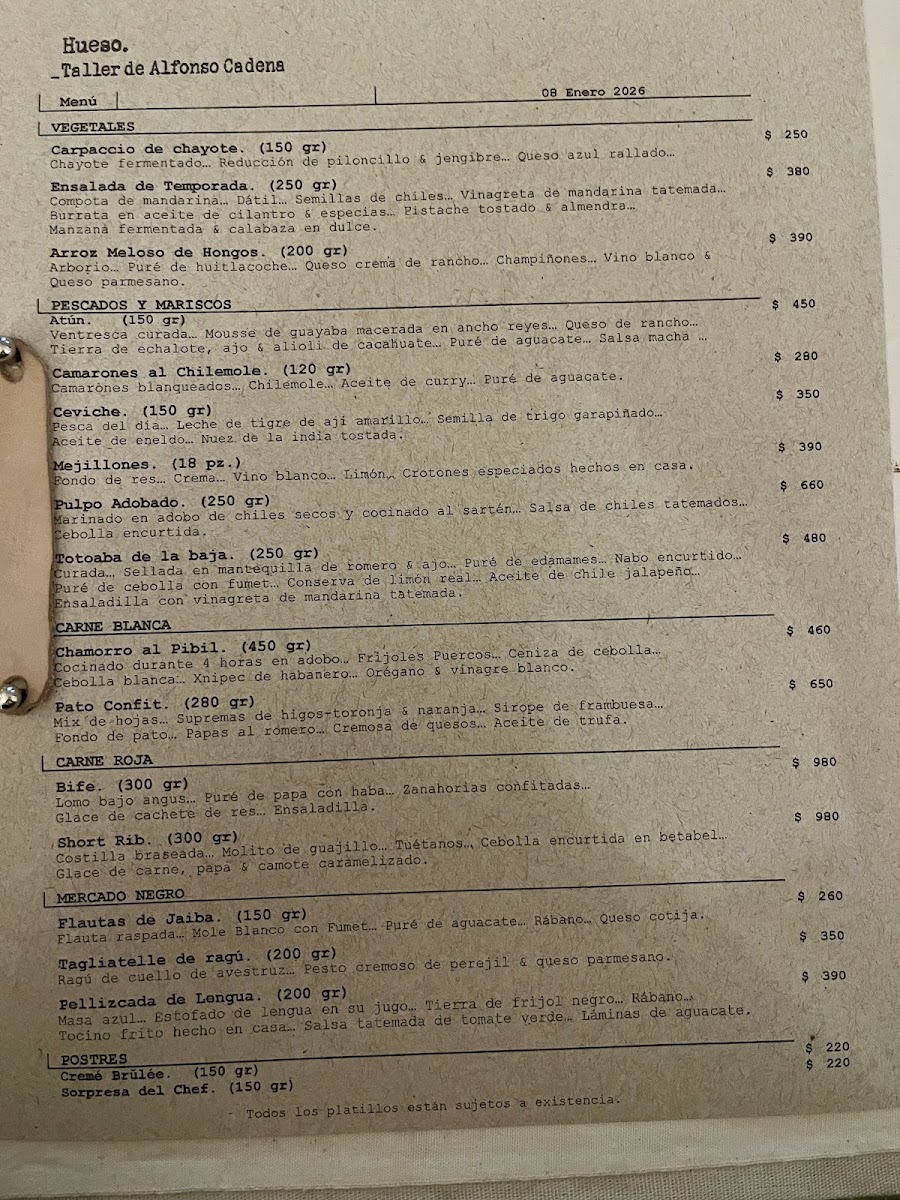 Hueso Restaurante Menu