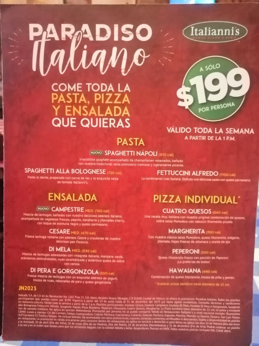Italianni's Villahermosa Altabrisa Tabasco Menu