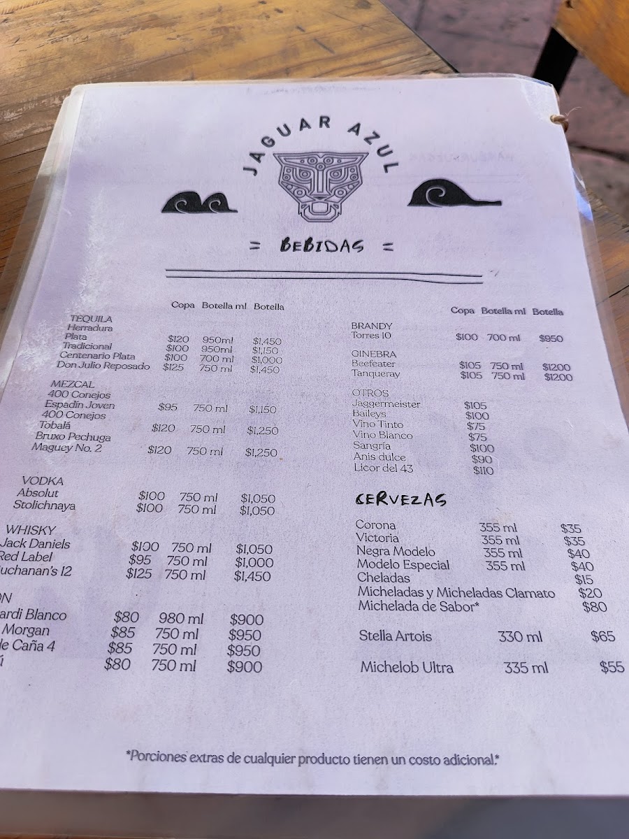 Jaguar Azul Menu