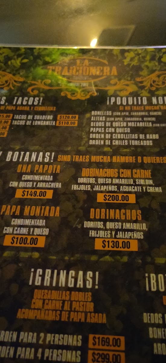 La Traicionera Menu