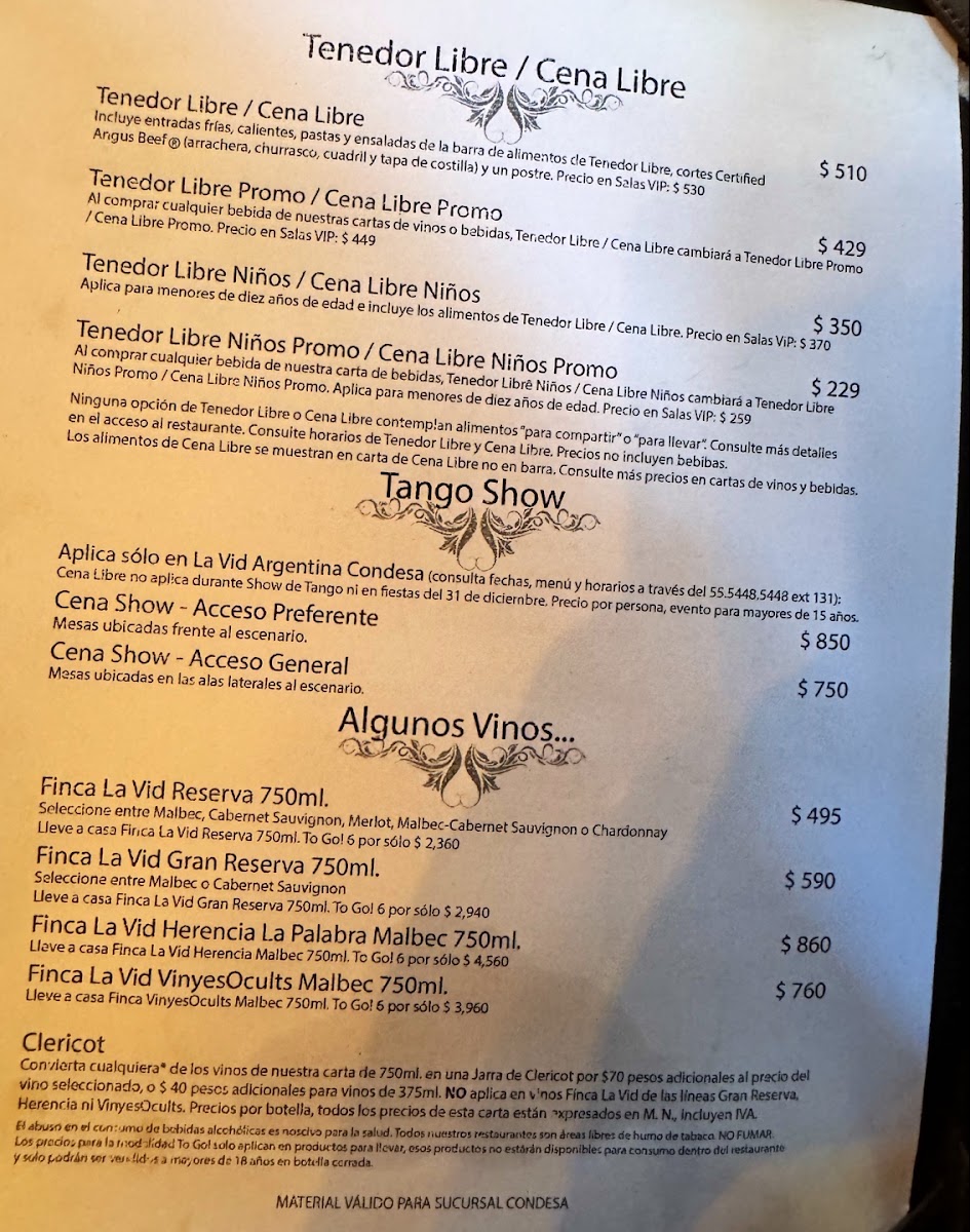 La Vid Argentina Menu