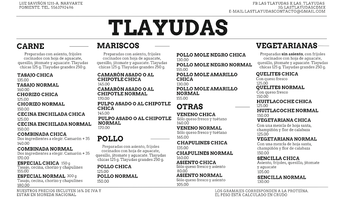 Las Tlayudas, Comida Casual Oaxaqueña Menu