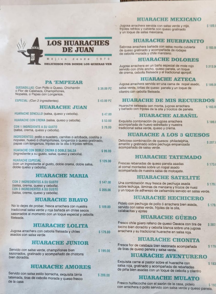 Los Huaraches de Juan Menu