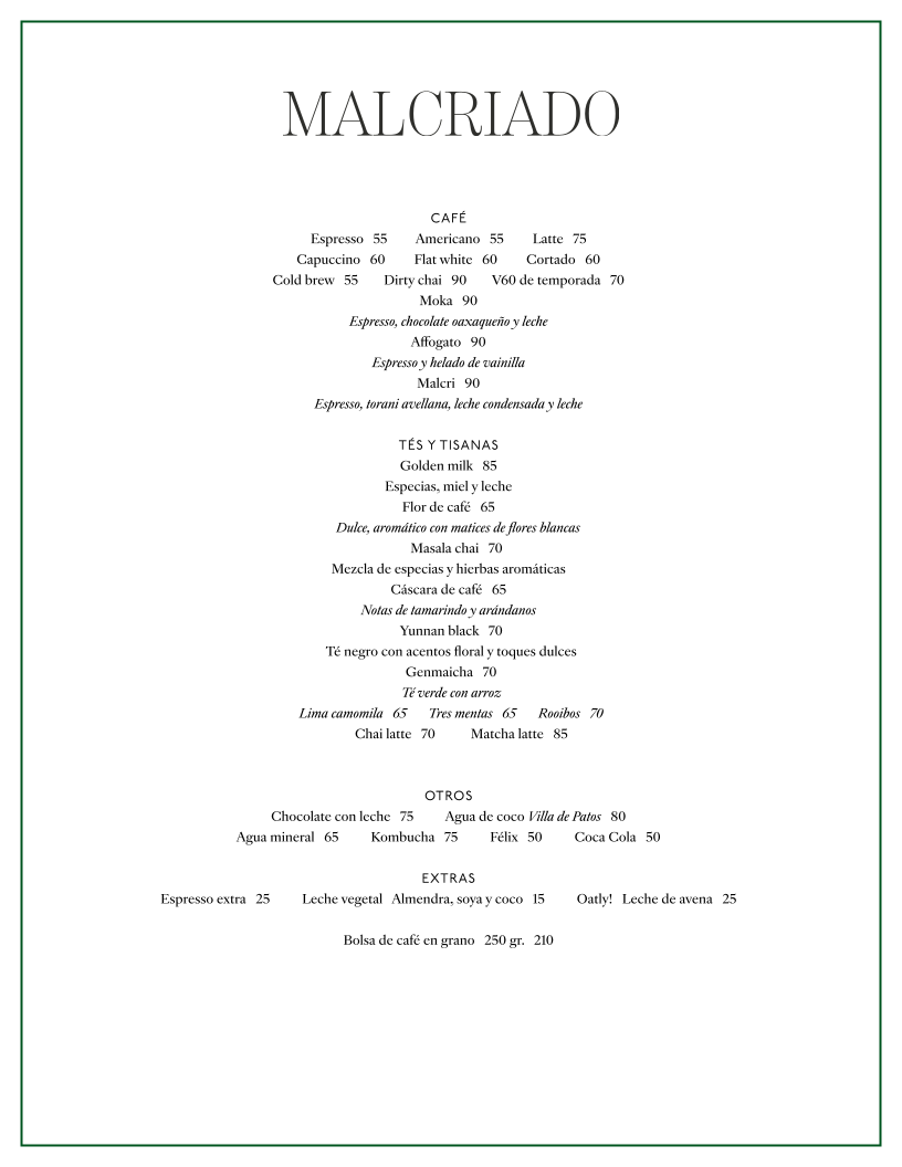 Malcriado ( Condesa ) Menu