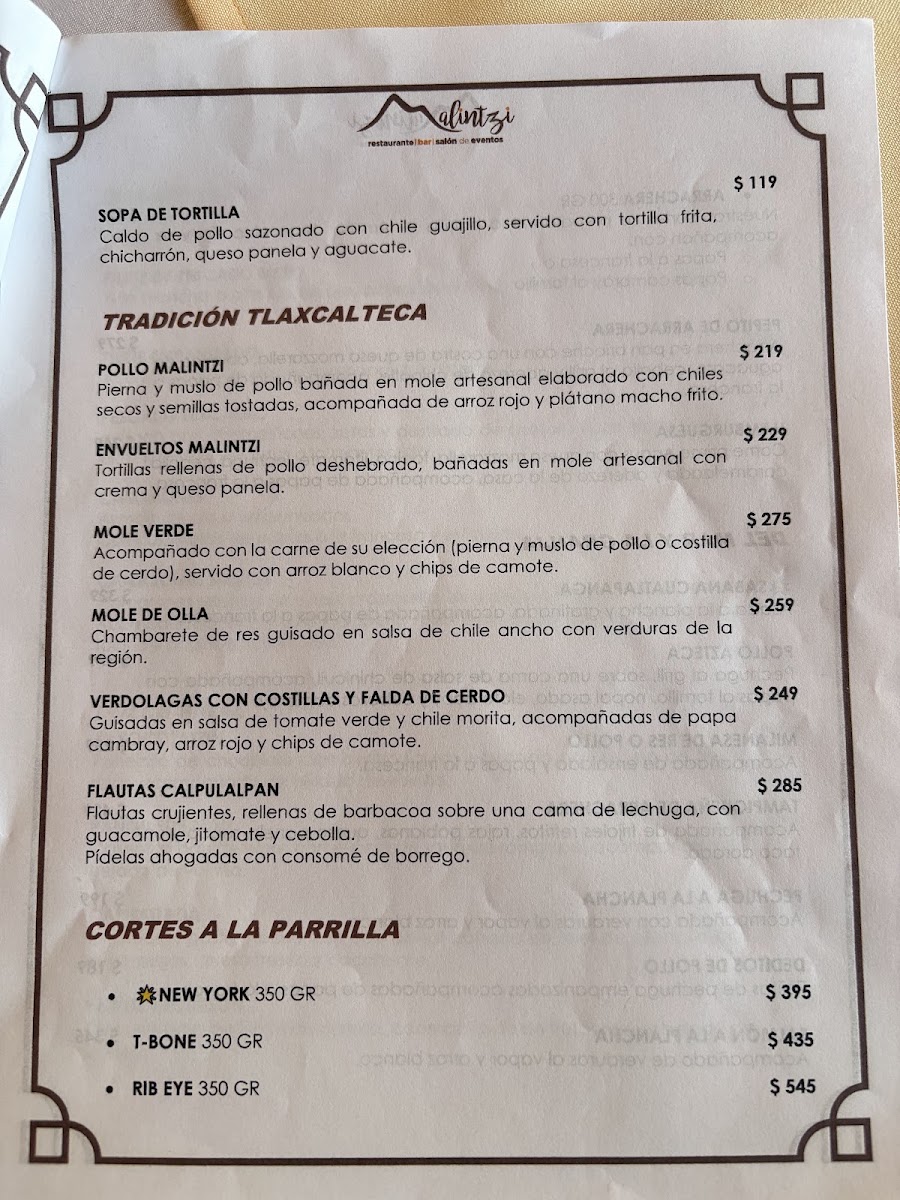 Malintzi Restaurante Bar Menu