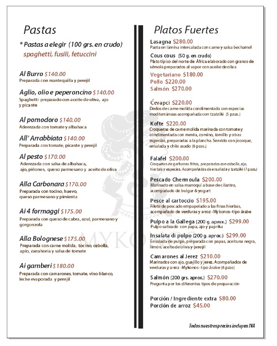 Mykonos Cocina Mediterranea Menu
