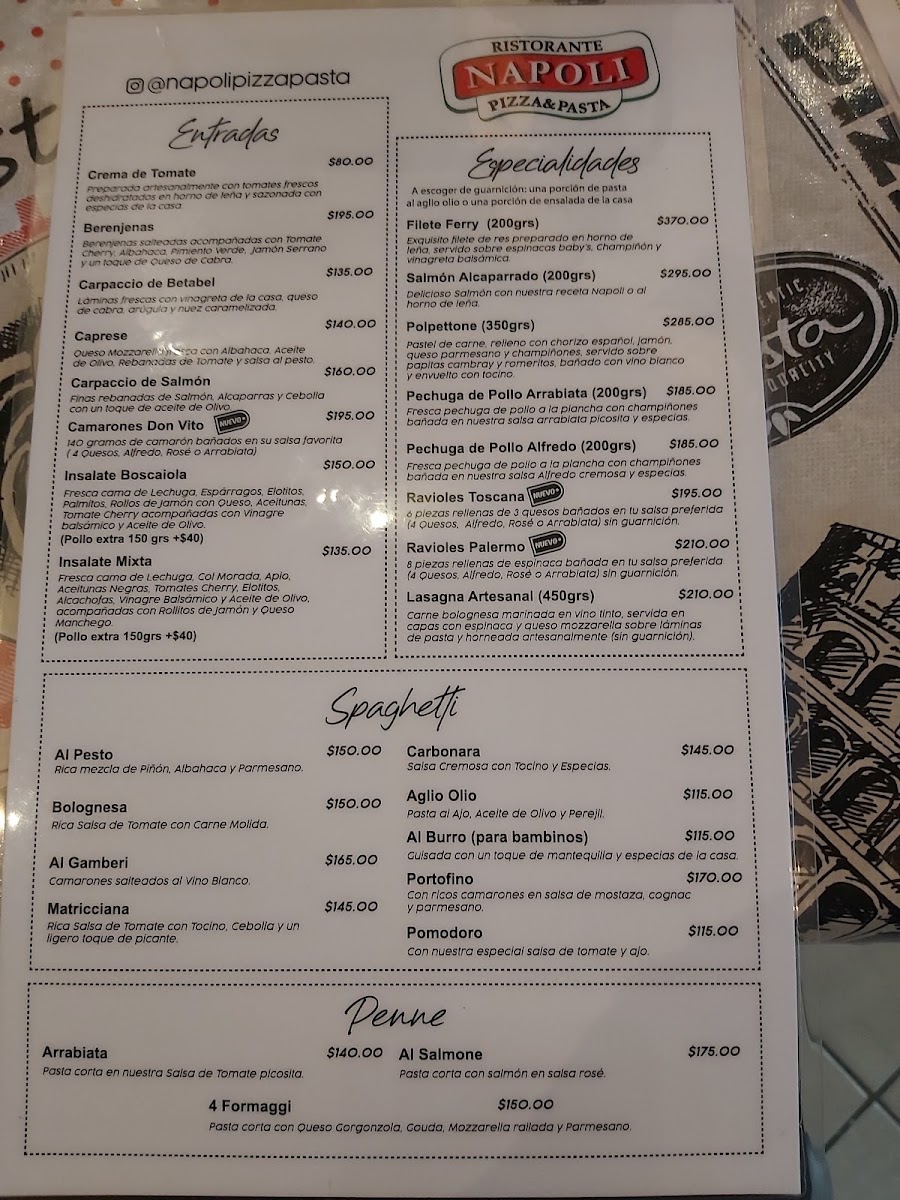 Napoli Pizza & Pasta Valle Ote Menu
