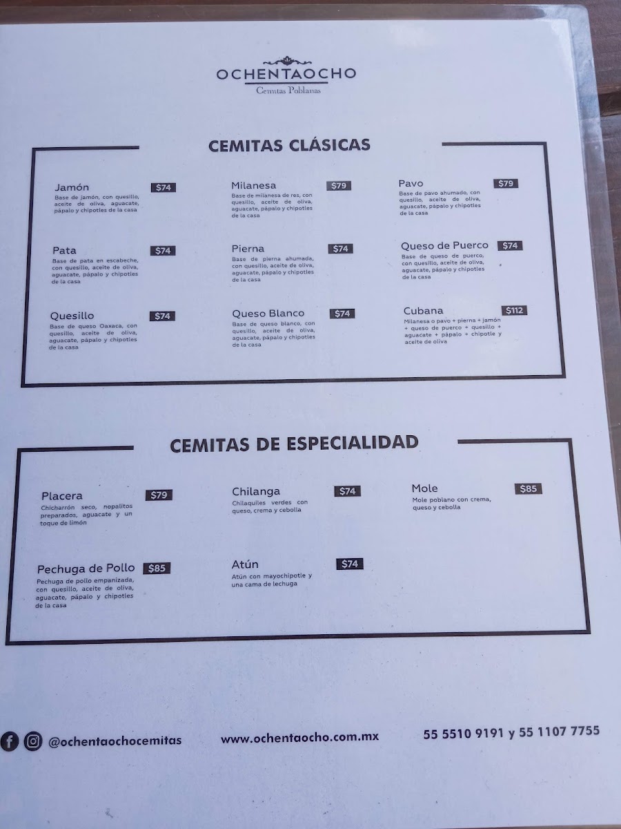 Ochentaocho Cemitas Poblanas Menu