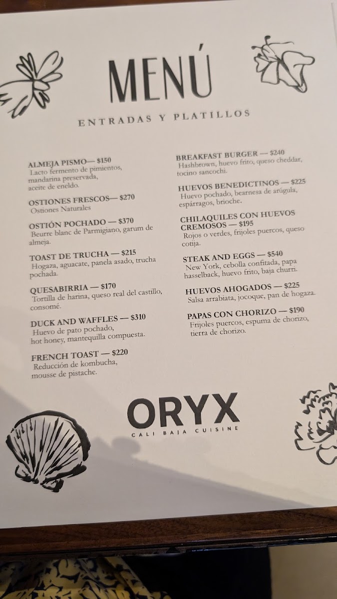 Oryx Restaurante Menu