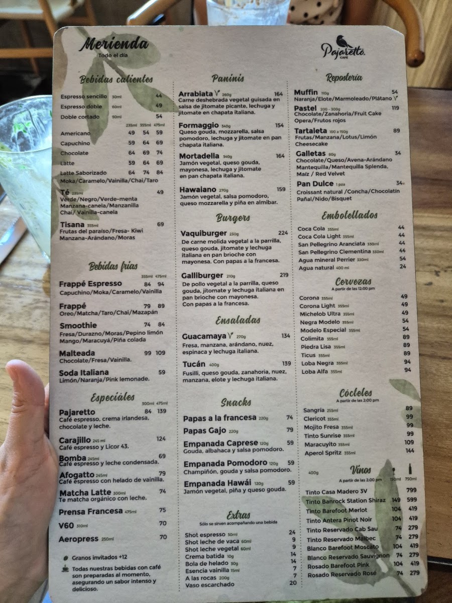 Pajaretto Cafe Menu