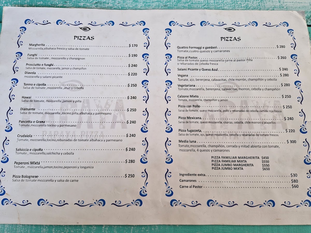 Papaya Pizza & Co Tulum Menu