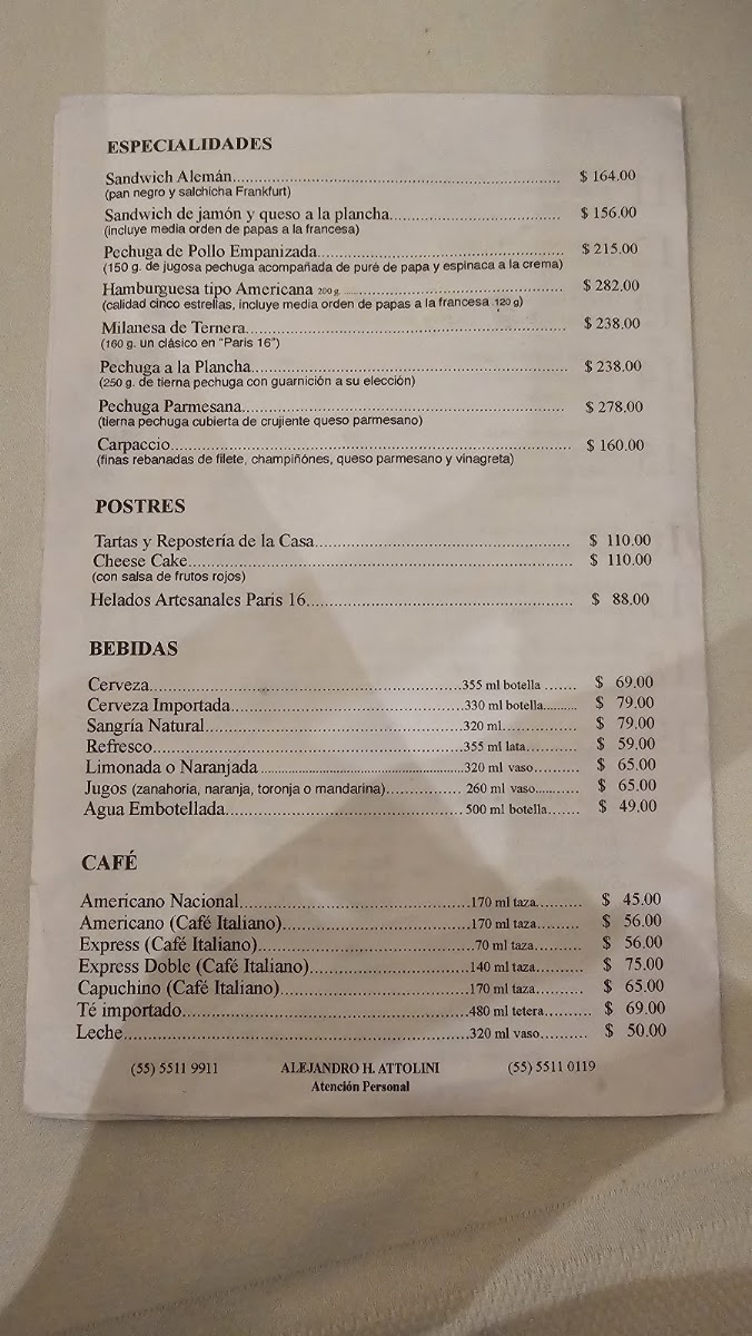 Paris 16 Menu