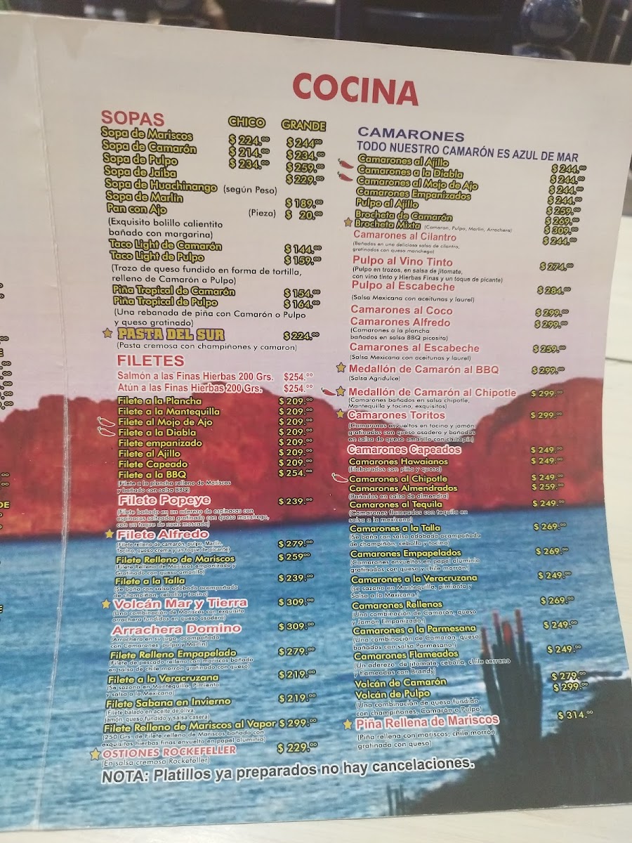 Pescados Y Mariscos Del Sur Restaurante Menu