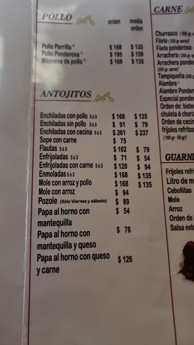Ponderosa 37 Menu