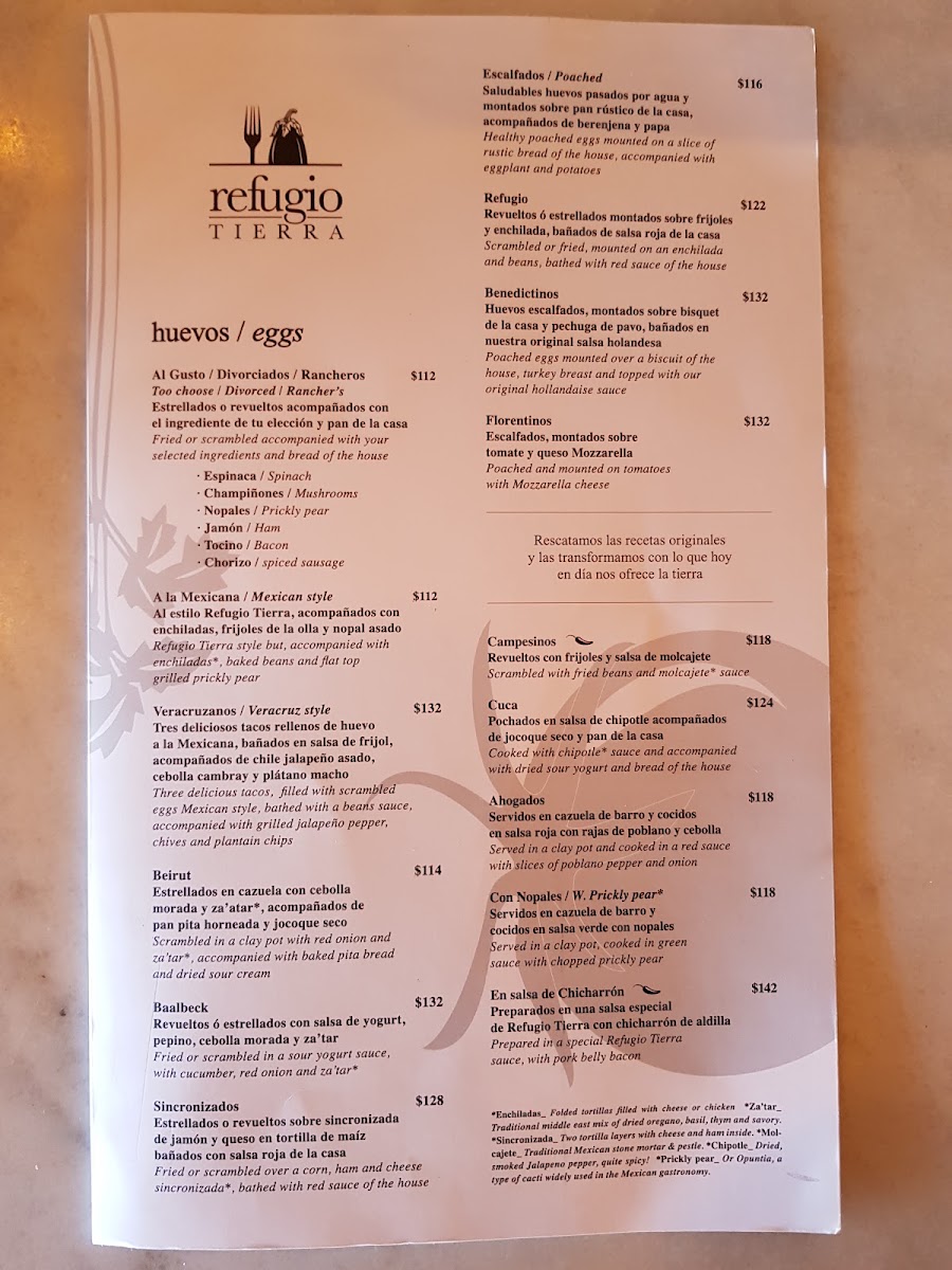 Refugio Tierra Menu