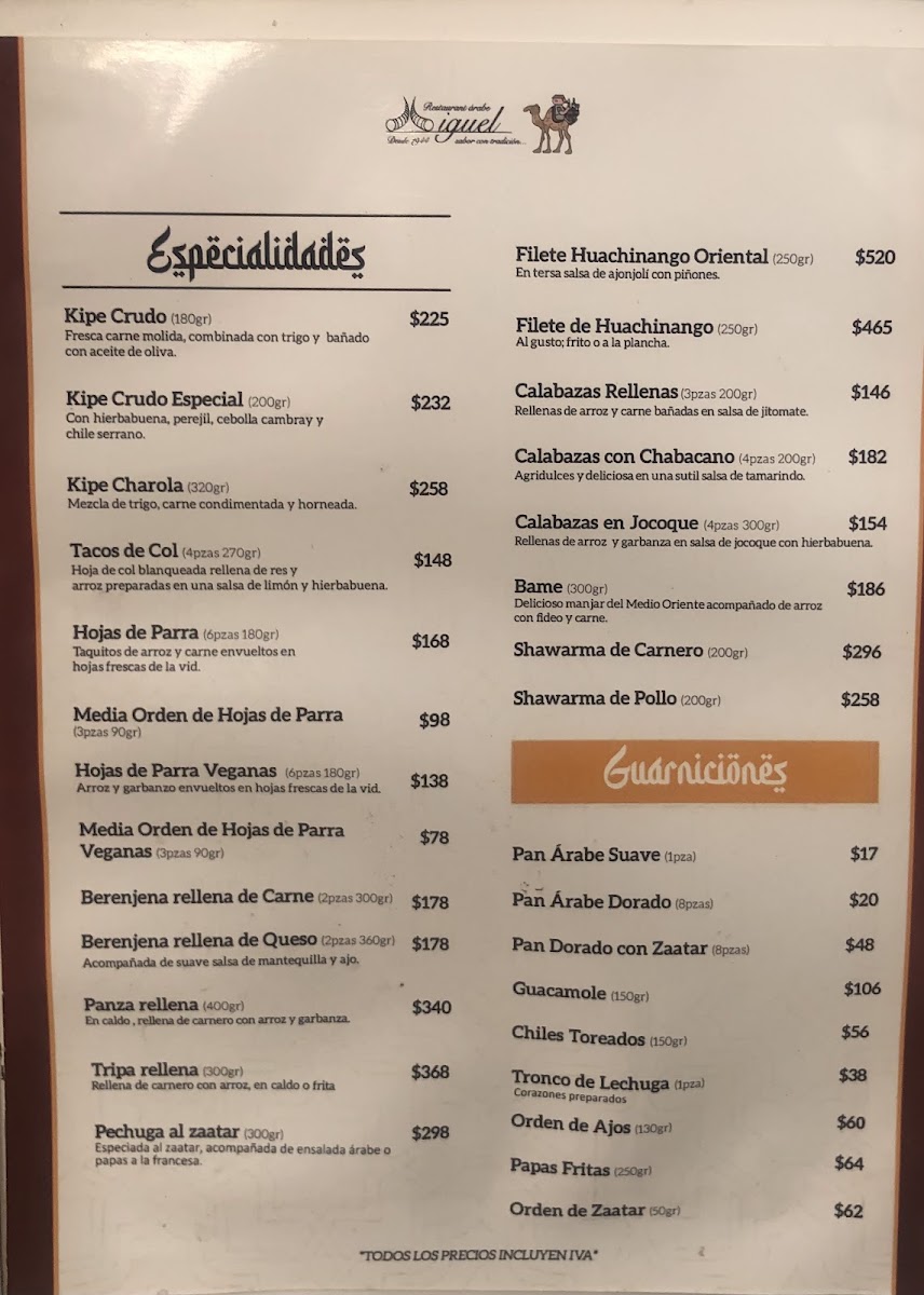 Restaurant Arabe Miguel Menu