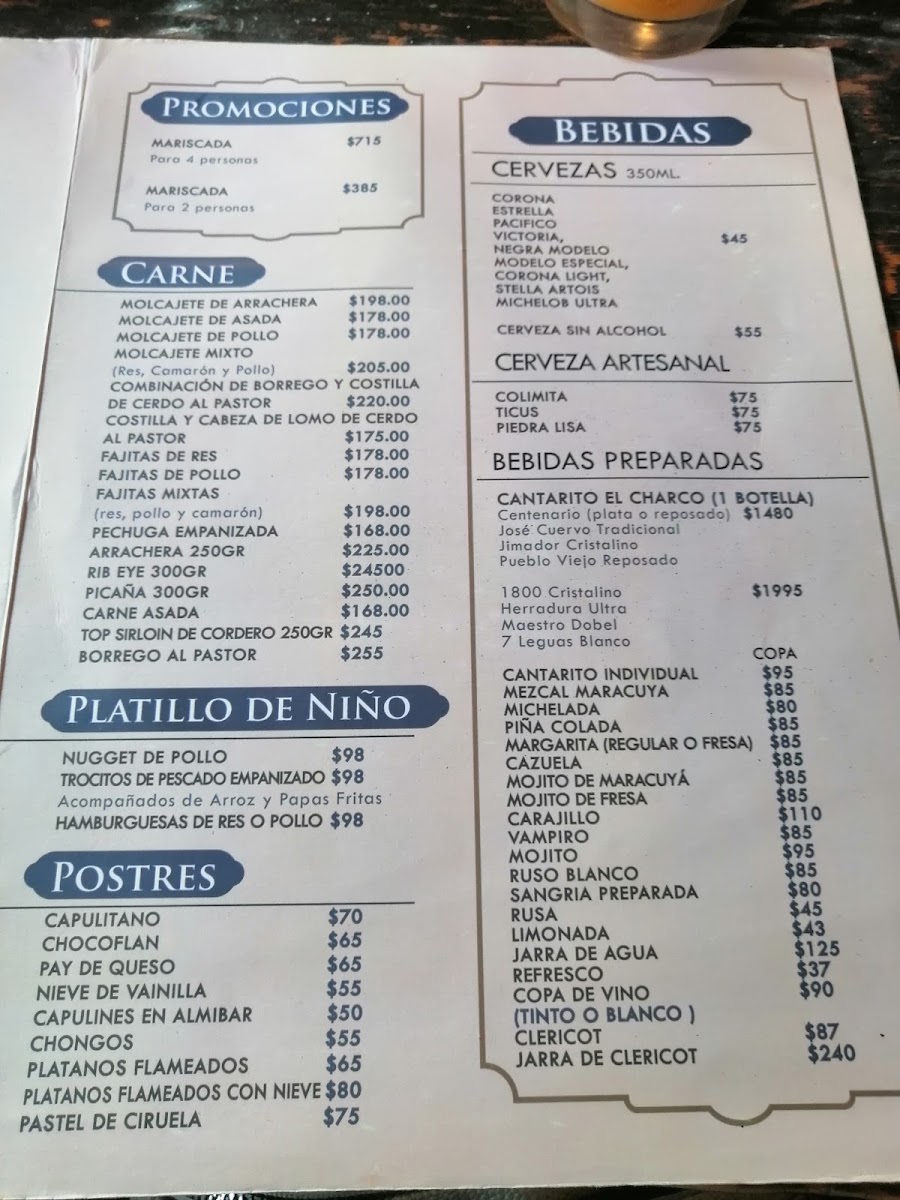 Restaurante El Charco Menu