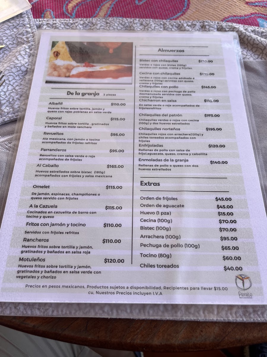 Restaurante Paraiso Menu