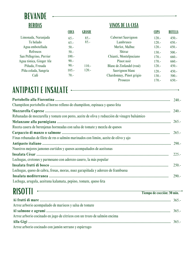 Ristorante Villa Italia Menu
