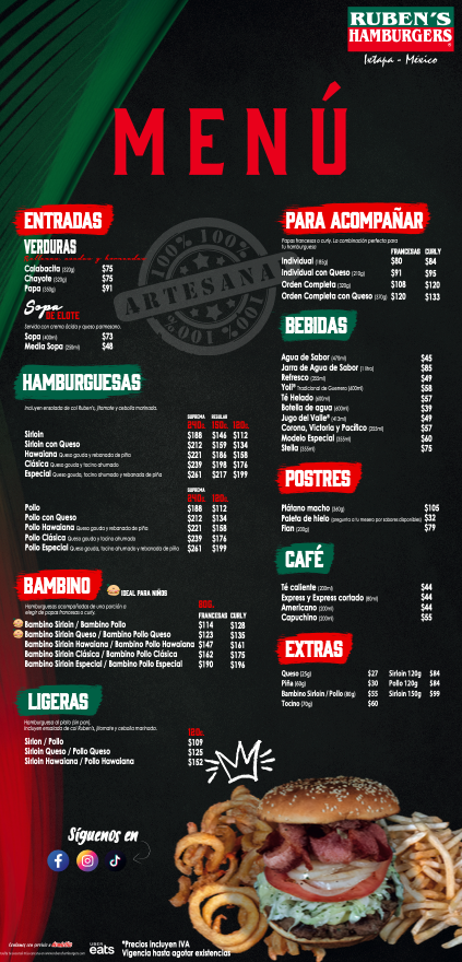 Ruben's Hamburgers Teopanzolco Cuernavaca Menu