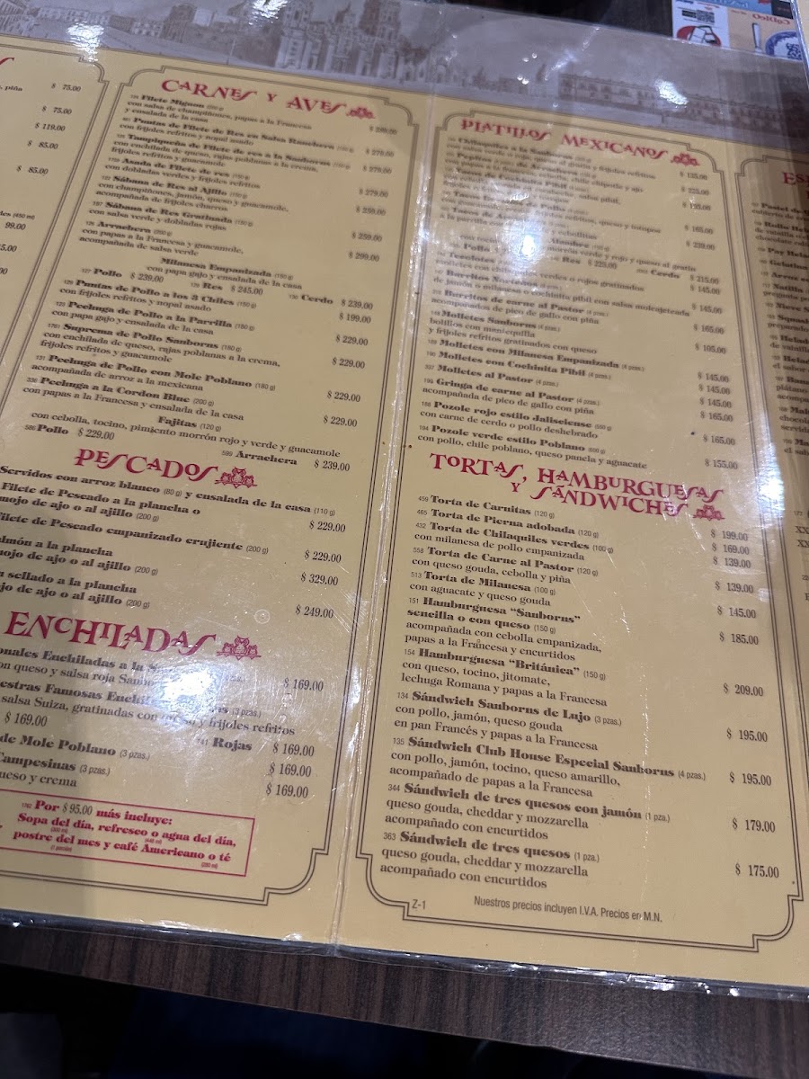 Sanborns Menu