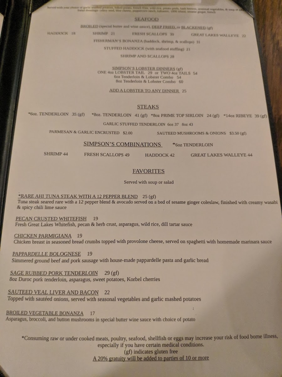 Simpson's Restaurant Menu Photo 2