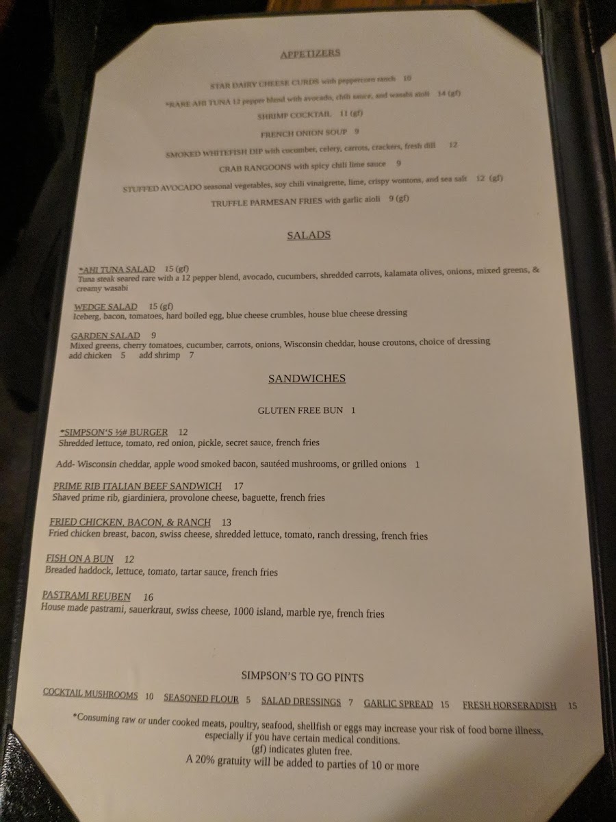 Simpson's Restaurant Menu Photo 3
