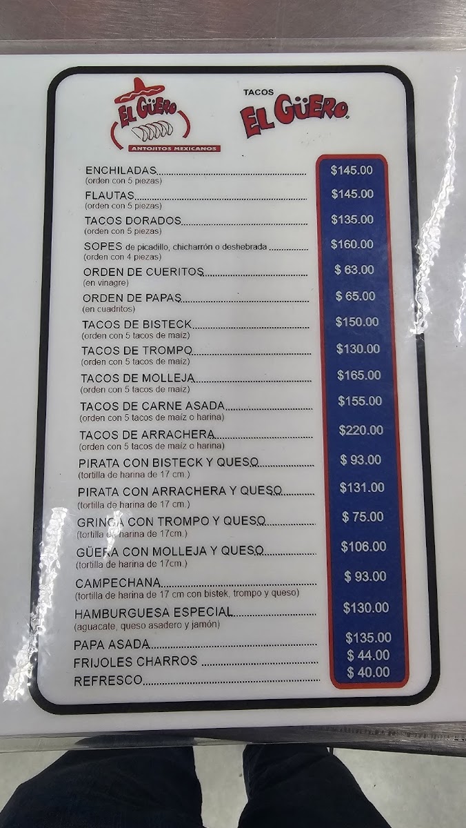 Tacos El Guero Contry Menu